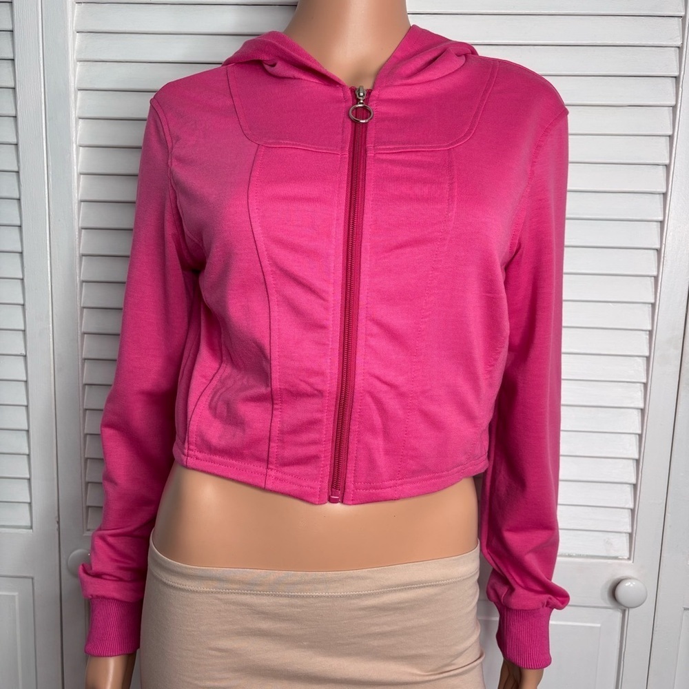 KIRUNDO Pink Zip Up Hoodie Cropped Sweatshirt Size Medium